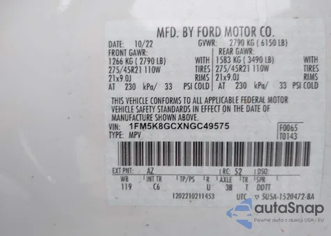 2022 Ford Explorer St из США, поврежденный, VIN 1FM5K8GCXNGC49575